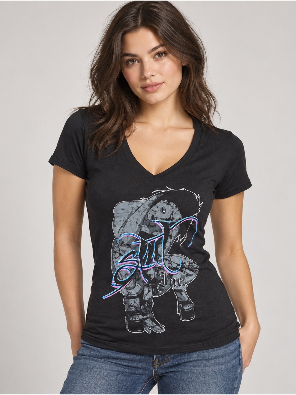 Women's Black V-Neck Graphic Tee - Black